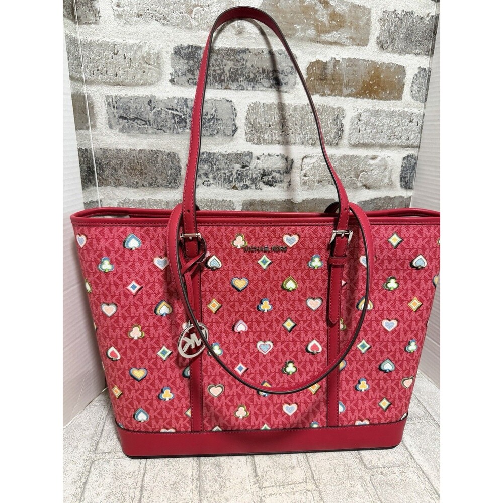 Michael Kors Jet Set Large Printed Logo Top Zip Tote Shoulder Handbag Bag Purse